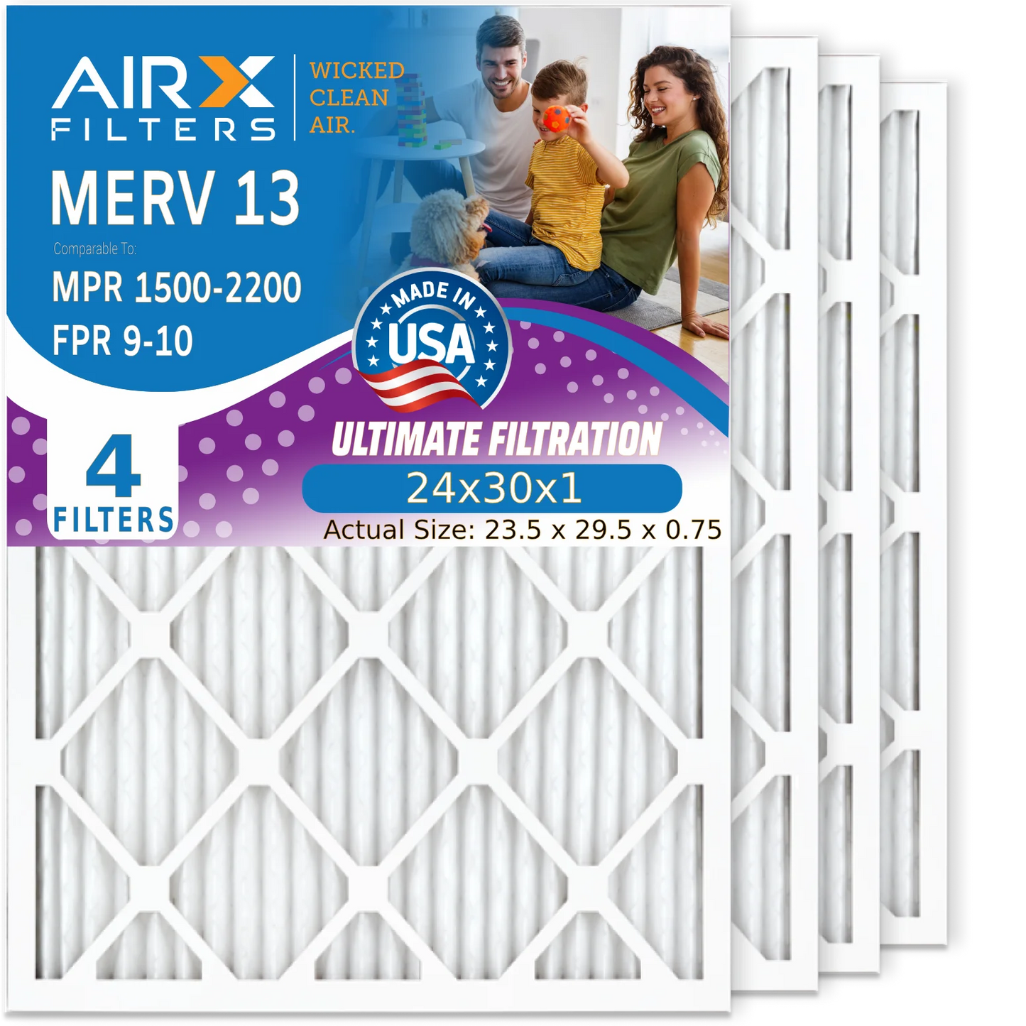 24x30x1 Air Filter MERV 13 Comparable to MPR 1500 - 2200 & FPR 9 Electrostatic Pleated Air Conditioner Filter 4 Pack HVAC AC Premium USizeA Made 24x30x1 Furnace Filters by AIRX FILTERSize WICKED CLEAN AIR.