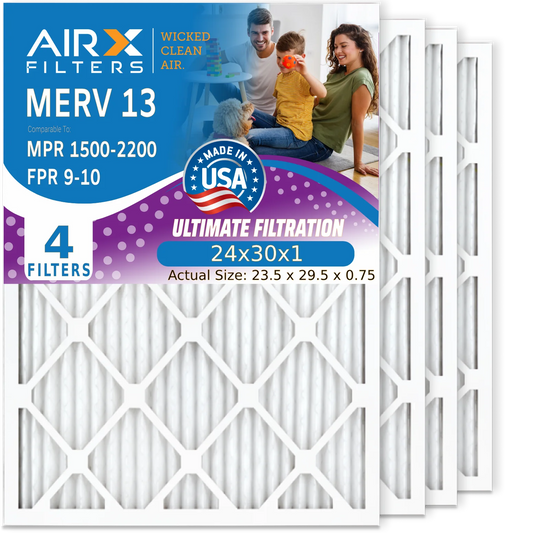 24x30x1 Air Filter MERV 13 Comparable to MPR 1500 - 2200 & FPR 9 Electrostatic Pleated Air Conditioner Filter 4 Pack HVAC AC Premium USizeA Made 24x30x1 Furnace Filters by AIRX FILTERSize WICKED CLEAN AIR.