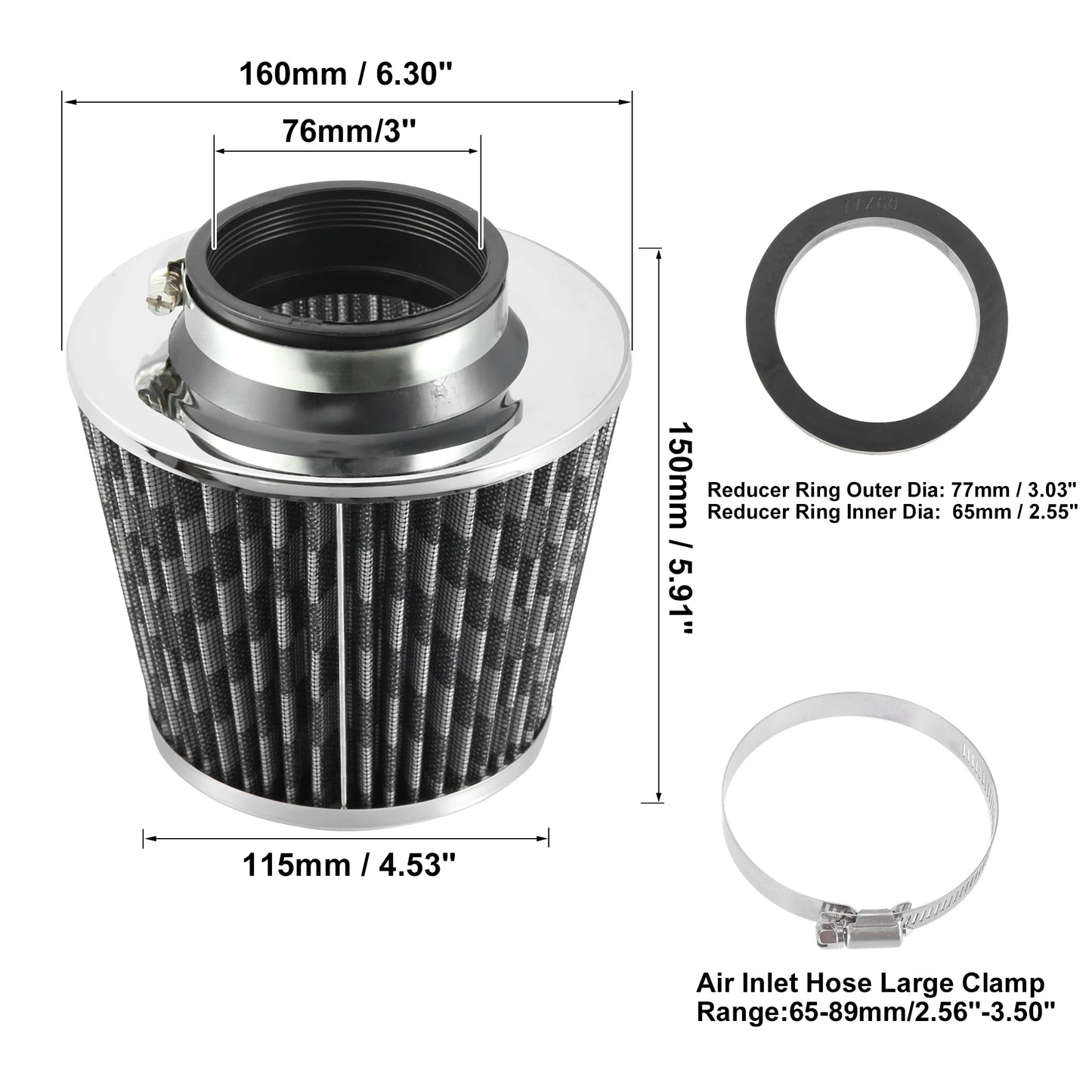 1pcs 2.5" 65mm Reducer Ring Inlet Cold Air Intake Cone Replacement Washable Clamp on Dry Air Filter Carbon Fiber Pattern