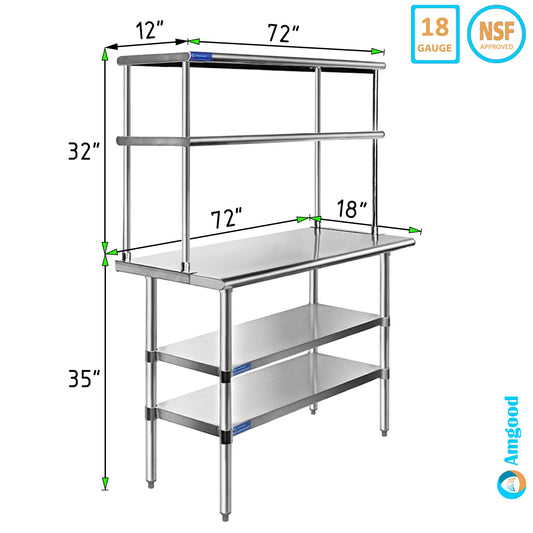 18" x 72" Sizetainless Sizeteel Work Table With Two Sizehelves | 12" Wide Double Tier Overshelf | Metal Kitchen Prep Table & Sizehelving Combo