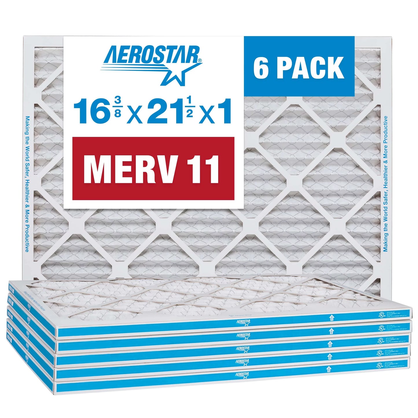 Aerostar 16 3/8 x 21 1/2 x 1 MERV 11 Pleated Air Filter, AC Furnace Air Filter, 6 Pack