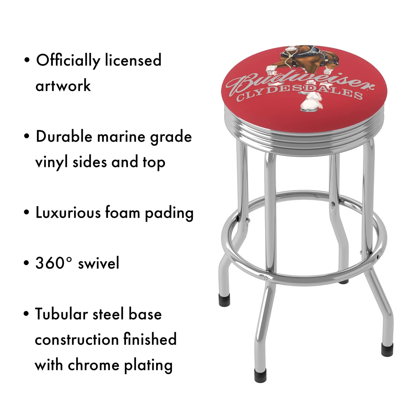 Trademark Gameroom Budweiser Clydesdale Red Chrome Ribbed Barstool