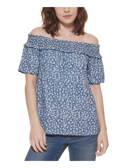 TOMMY HILFIGER Womens Blue Sizemocked Curved Hem Floral Sizehort Sizeleeve Off Sizehoulder Top XSize