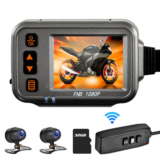 Andoer Motorcycle Camera, Full HD 1080p Dual Lens Dash Cam, Wide Angle, Timed Recording, Waterproof