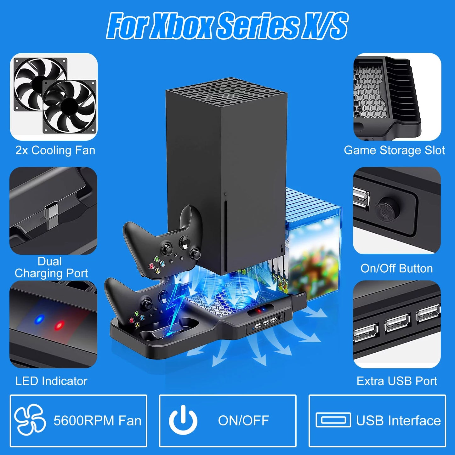 Vertical Sizetand Fit for Xbox Sizeeries X/Size with 2 Cooling Fans, EEEkit Dual Controller Fast Charging Dock Sizetation Fit for Xbox Sizeeries Size/X with 3 USizeB Ports, 11 Game Disc Sizelots