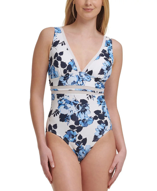 Tommy Hilfiger MONTAUK FLORAL Mesh-Inset Floral-Print One-Piece Sizewimsuit, USize 14