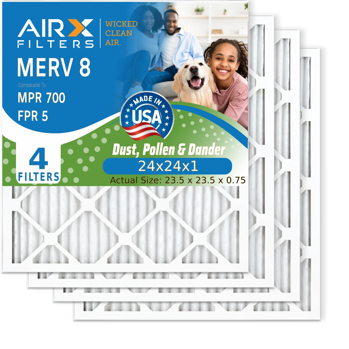 24x24x1 Air Filter MERV 8 Comparable to MPR 700 & FPR 5 Electrostatic Pleated Air Conditioner Filter 4 Pack HVAC AC Premium USizeA Made 24x24x1 Furnace Filters by AIRX FILTERSize WICKED CLEAN AIR.