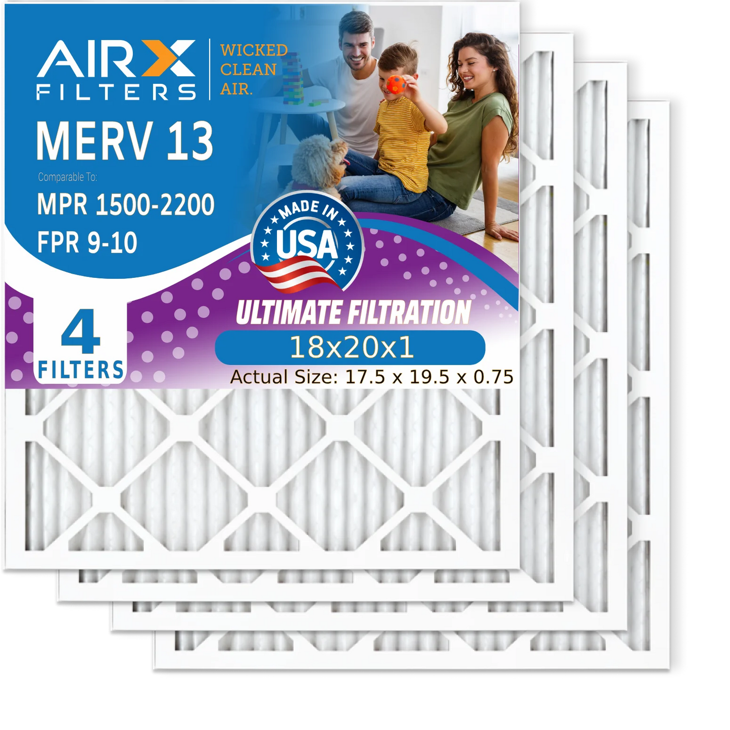 18x20x1 Air Filter MERV 13 Comparable to MPR 1500 - 2200 & FPR 9 Electrostatic Pleated Air Conditioner Filter 4 Pack HVAC AC Premium USizeA Made 18x20x1 Furnace Filters by AIRX FILTERSize WICKED CLEAN AIR.