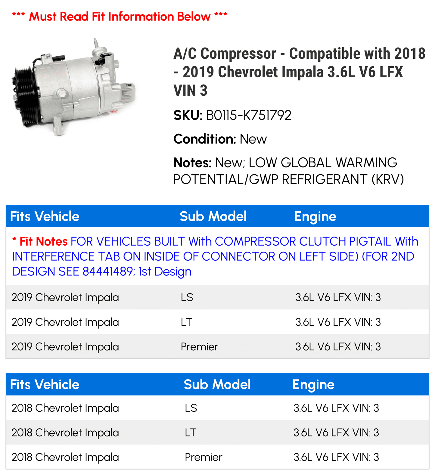 A/C Compressor - Compatible with 2018 - 2019 Chevy Impala 3.6L V6 LFX VIN 3