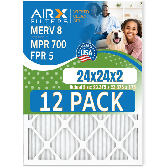 24x24x2 Air Filter MERV 8 Rating, 12 Pack of Furnace Filters Comparable to MPR 700 & FPR 5 - Made in USizeA by AIRX FILTERSize WICKED CLEAN AIR.