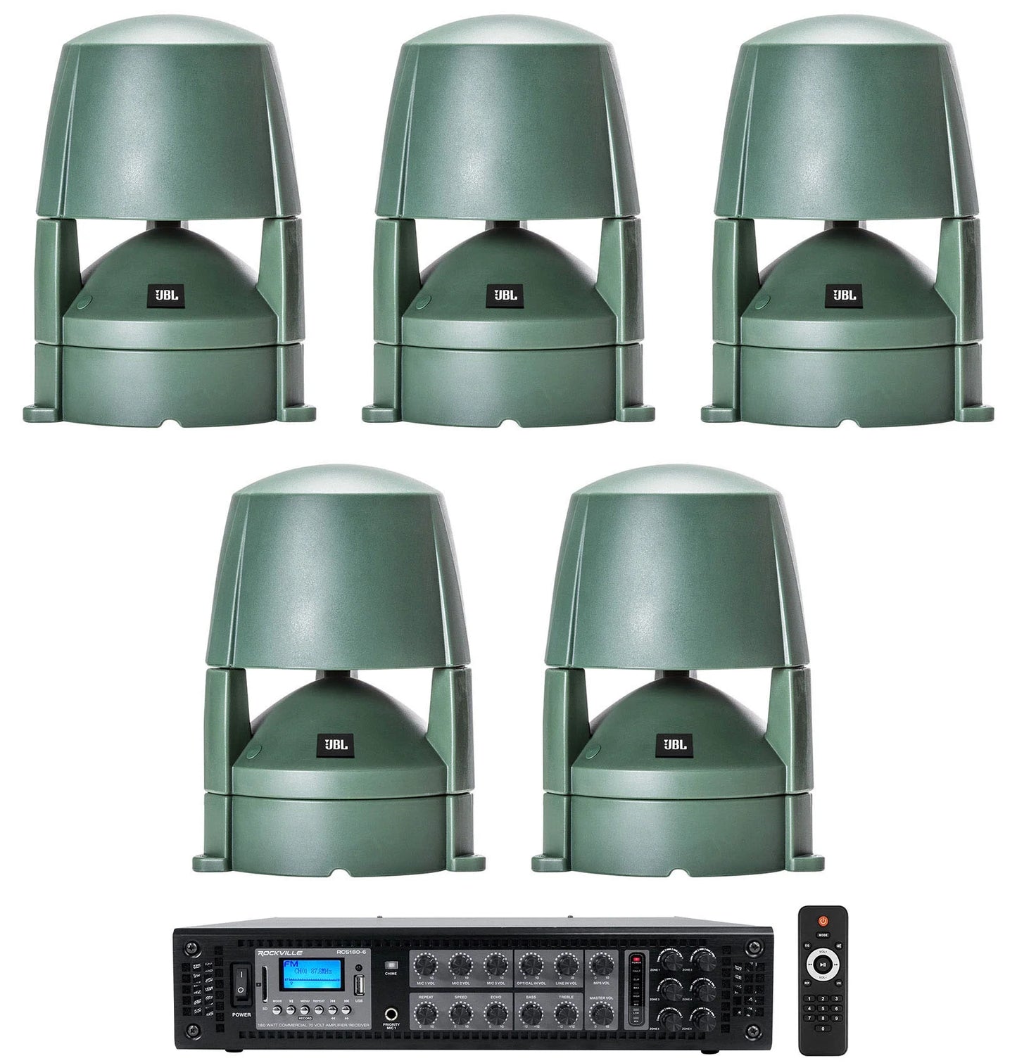 (5) JBL CONTROL 85M 5.25" Commercial 70v Outdoor Landscape Sizepeakers+Amplifier