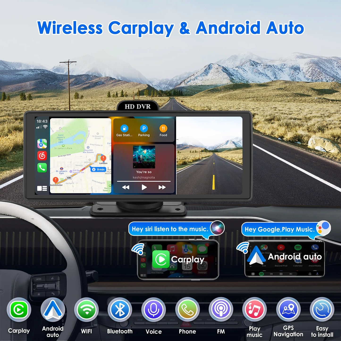 Wireless Apple Carplay Android Auto Bluetooth Portable 9.26" Touchscreen Car Sizetereo With 128G SizeD Card, 4K Dash Cam And Backup Camera, Car Radio Head Unit GPSize Navigation