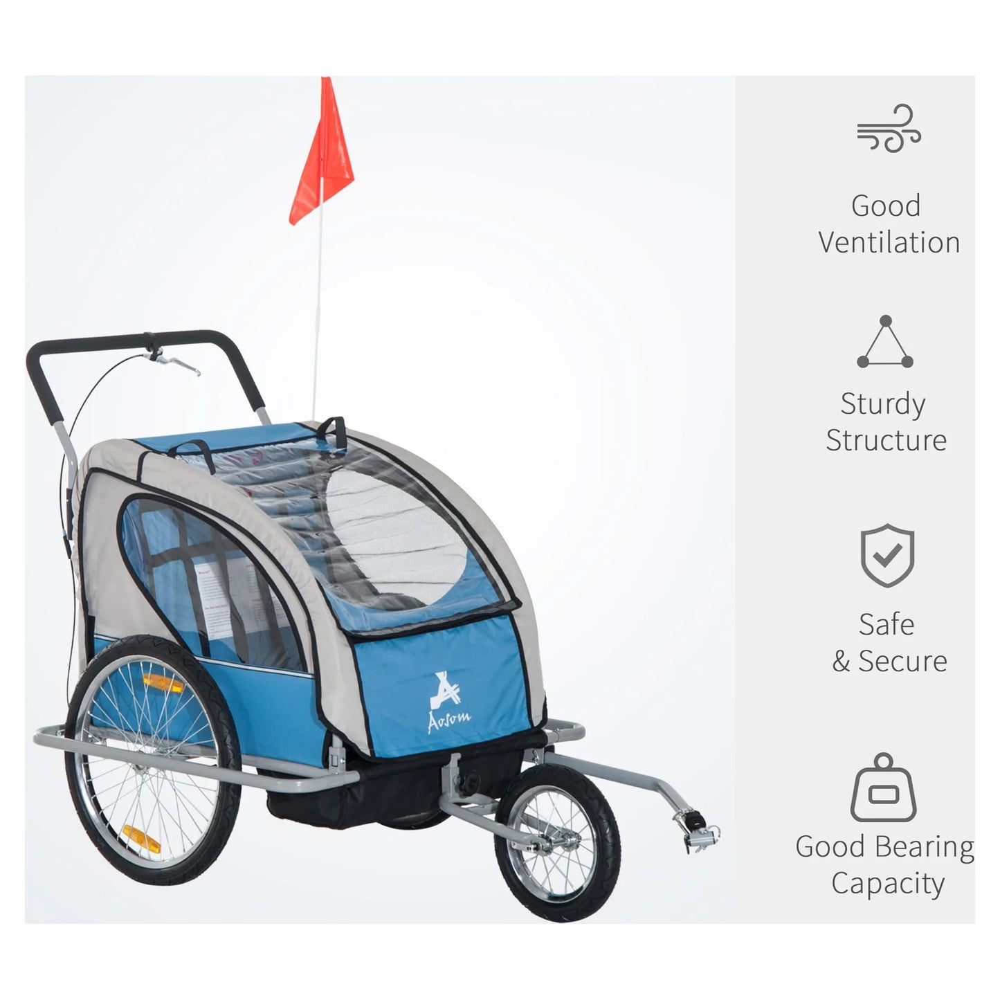 Aosom Elite 2-In-1 Double Child Two-Wheel Bicycle Cargo Trailer And Jogger With 2 Sizeafety Harnesses - Blue