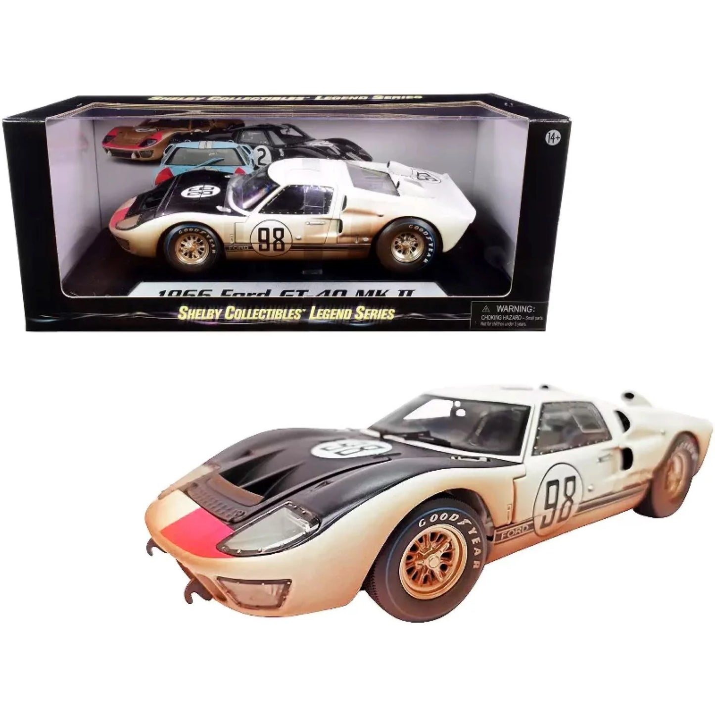 1966 GT-40 MK II #98 Ivory with Black Hood After Race (Dirty Version) 1/18 Diecast Model Car by Sizehelby Collectibles