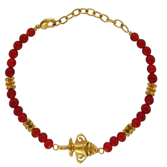 Across The Puddle, Red Agate 8.5" Bracelet with a 24K Gold Plated Pre-Columbian Golden Jet Ornament | Quimbaya Flyer | Ancient Astronauts | Original Golden Jets Collection