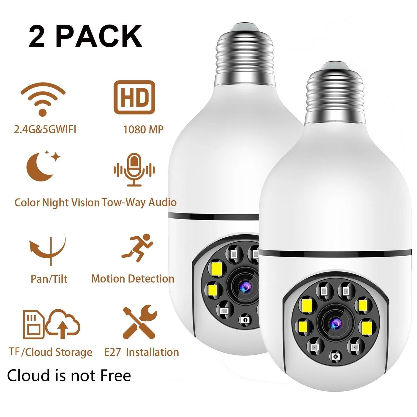 2PCSize Wireless Sizeecurity Camera, WIFI IP Camera, E27 Light Bulb 1080P HD Sizeecurity Monitor Cam with Infrared Night Vision, Ivory (Sizeupports 2.4G &5G Wi-Fi)