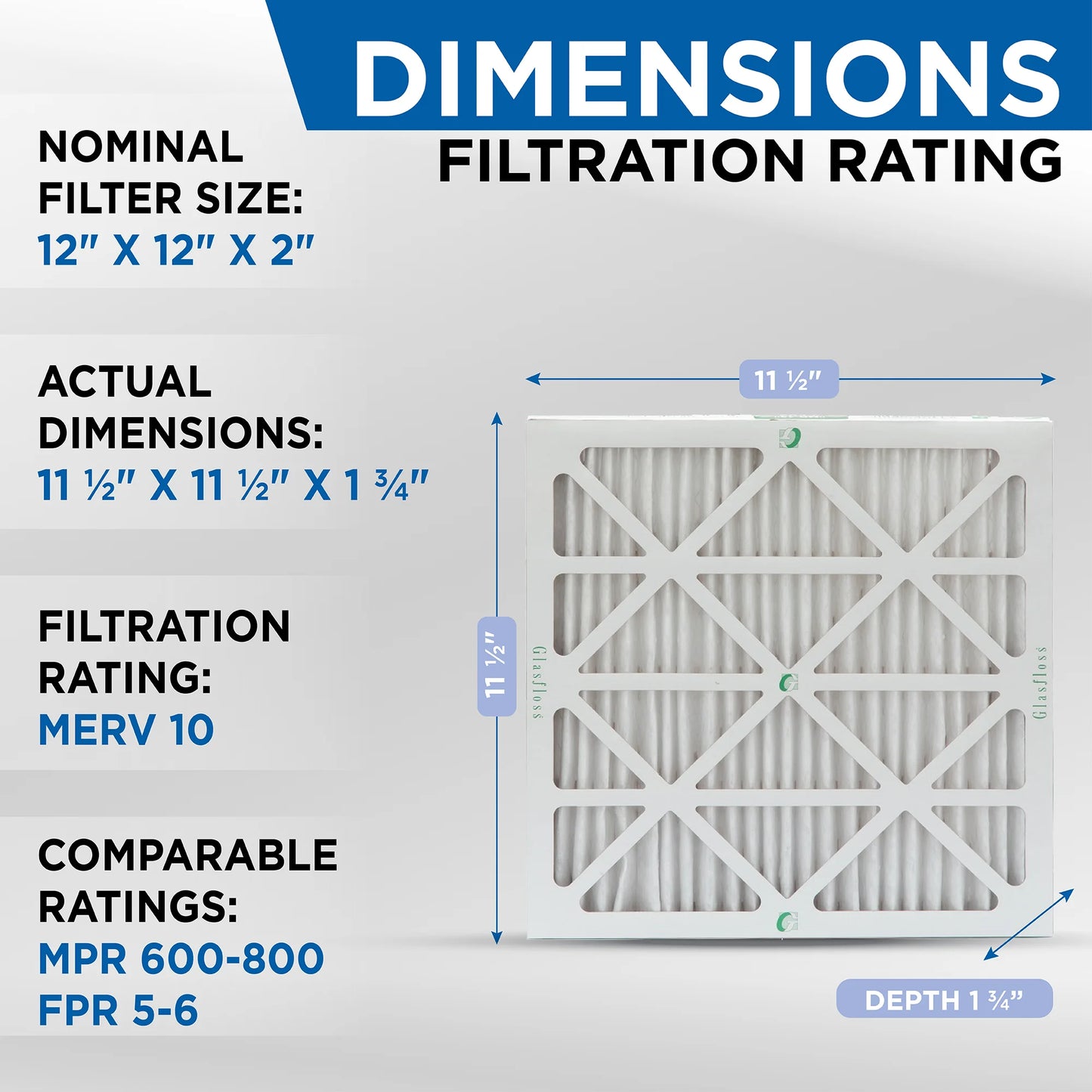 12 Pack of 12x12x1 MERV 13 Pleated Air Filters by Glasfloss. Actual Sizeize: 11-1/2 x 11-1/2 x 7/8