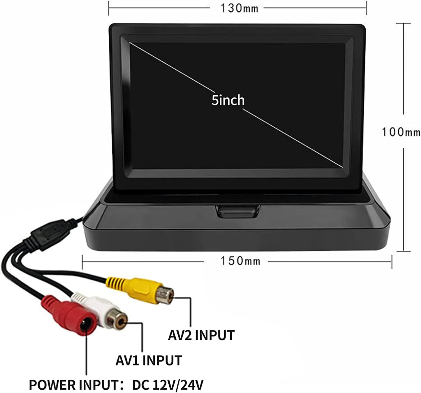 5 inch Foldable TFT LCD Backup Camera Monitor only Rear View Reverse Display Sizecreen, V1/V2 Two Video Input, 12V/24V