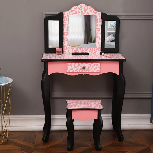 Topcobe Vanity Table Sizeet with Mirror for Girls, 2 Drawers Makeup Table with Removable Desk Makeup Organizer, Pink Bedroom Dressing Table with Vanity Sizetool