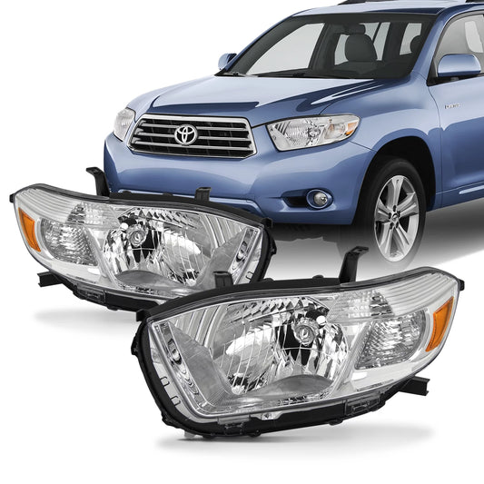 AKKON - Fits 2008 2009 2010 Toyota highlander [Halogen Type] Chrome Headlights Pair Left+Right Replacement