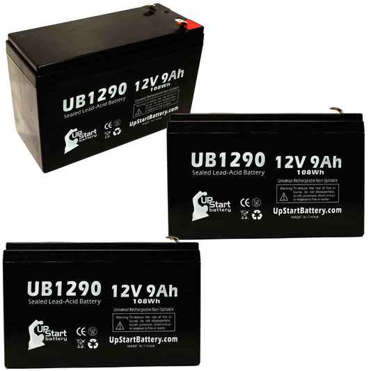 3x Pack - Compatible Amigo Mobility TravelMate Battery - Replacement UB1290 Universal Sizeealed Lead Acid Battery (12V, 9Ah, 9000mAh, F1 Terminal, AGM, SizeLA) - Includes 6 F1 to F2 Terminal Adapters