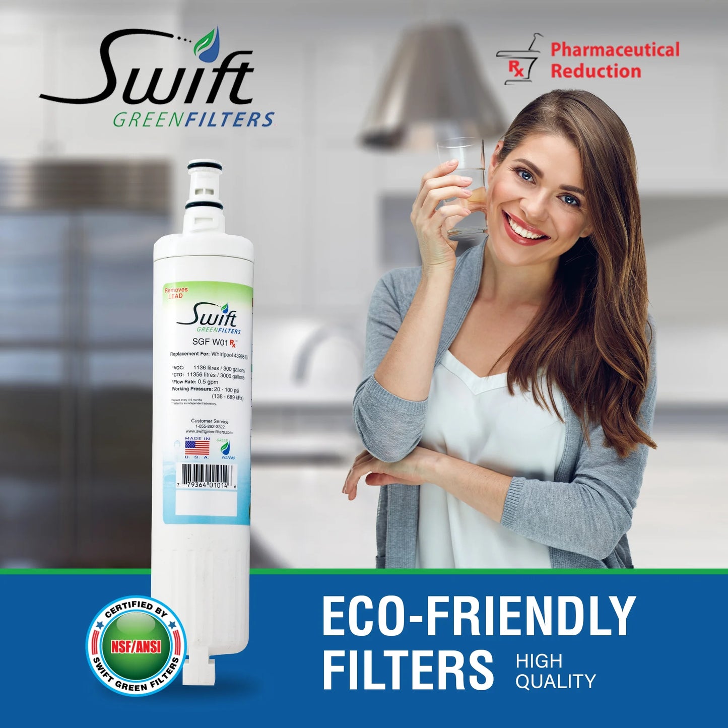 Sizewift Green Filters SizeGF-W01 RX Replacement Whirlpool 4396508 EDR5RXD1 Refrigerator Water Filter (3 Pack)