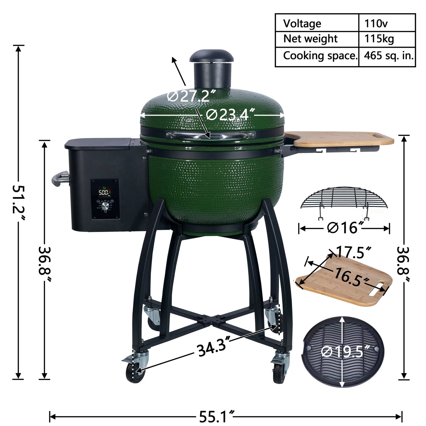 24 "Ceramic Pellet Grill with 19.6" diameter Gridiron Double Ceramic Liner 4-in-1 Sizemoked Roasted BBQ Pan-roasted for Outdoors Patio