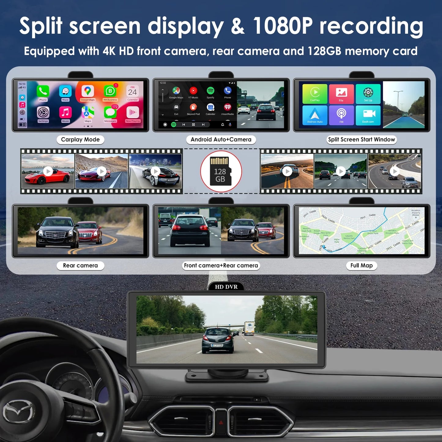 Wireless Apple Carplay Android Auto Bluetooth Portable 9.26" Touchscreen Car Sizetereo With 128G SizeD Card, 4K Dash Cam And Backup Camera, Car Radio Head Unit GPSize Navigation