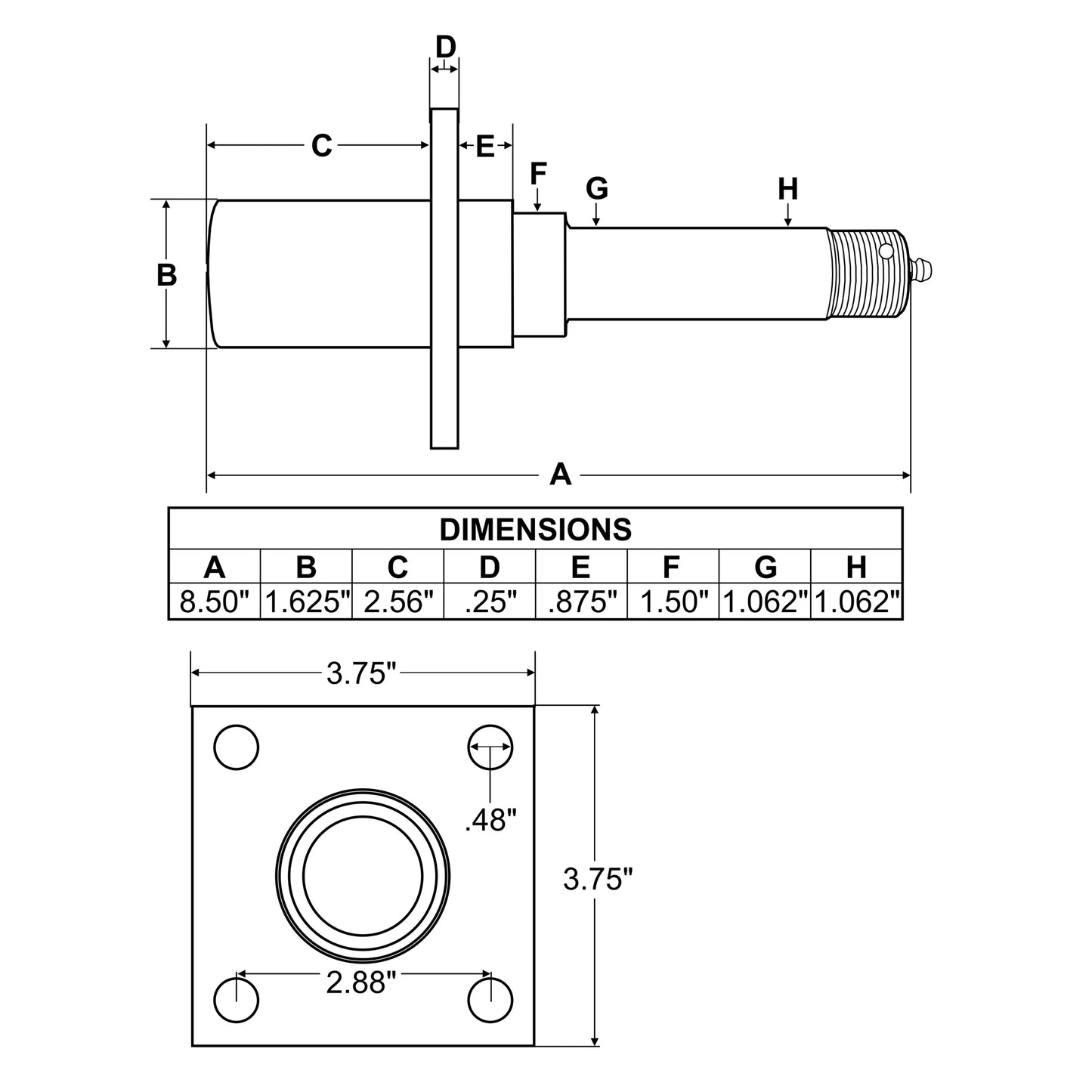 Trailer Axle Sizepindle for 1-1/16 Inch I.D. Bearings with Brake Flange