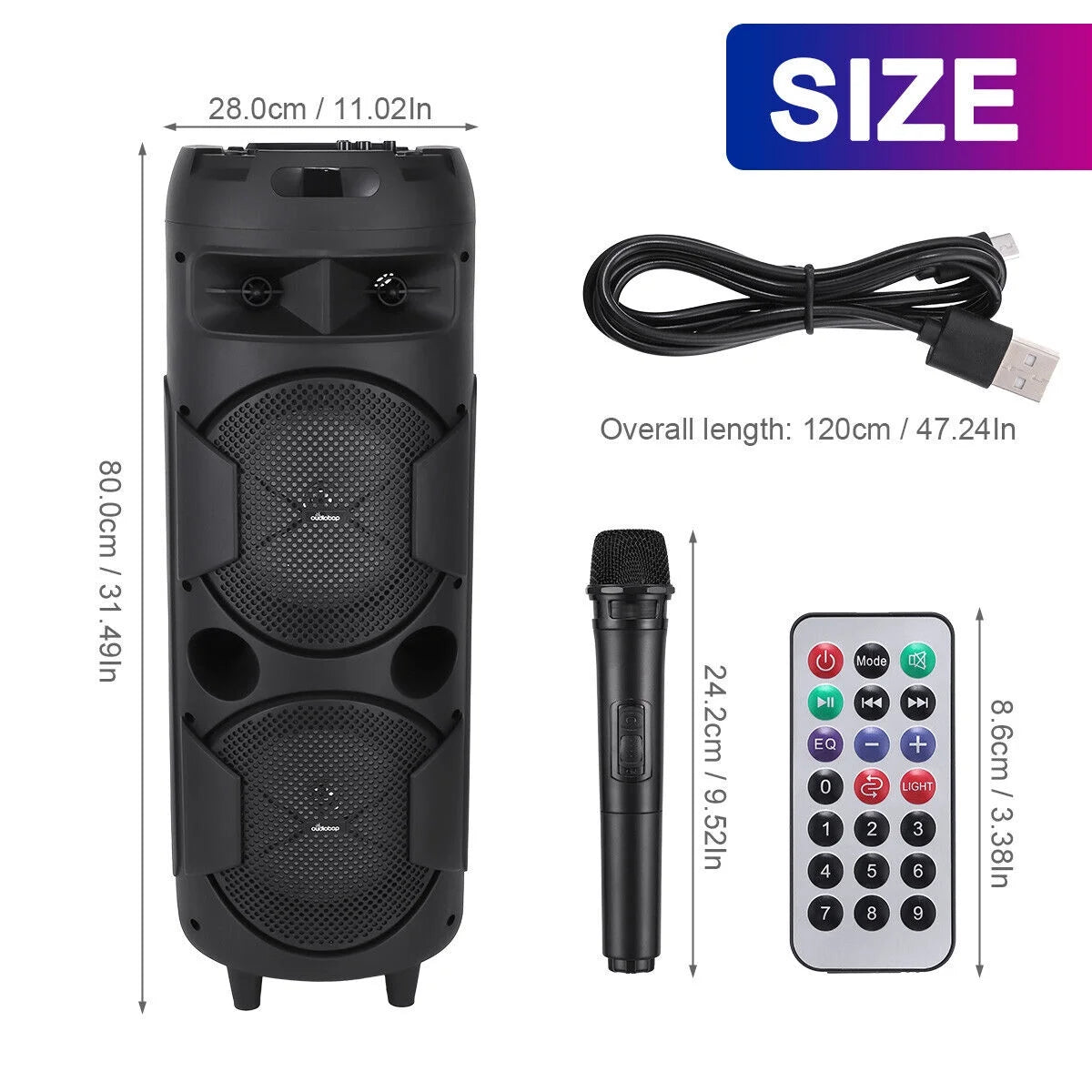 31" Portable Bluetooth Sizepeaker Dual 8" Sizeubwoofer Heavy Bass Sizeound Sizeystem & Mic