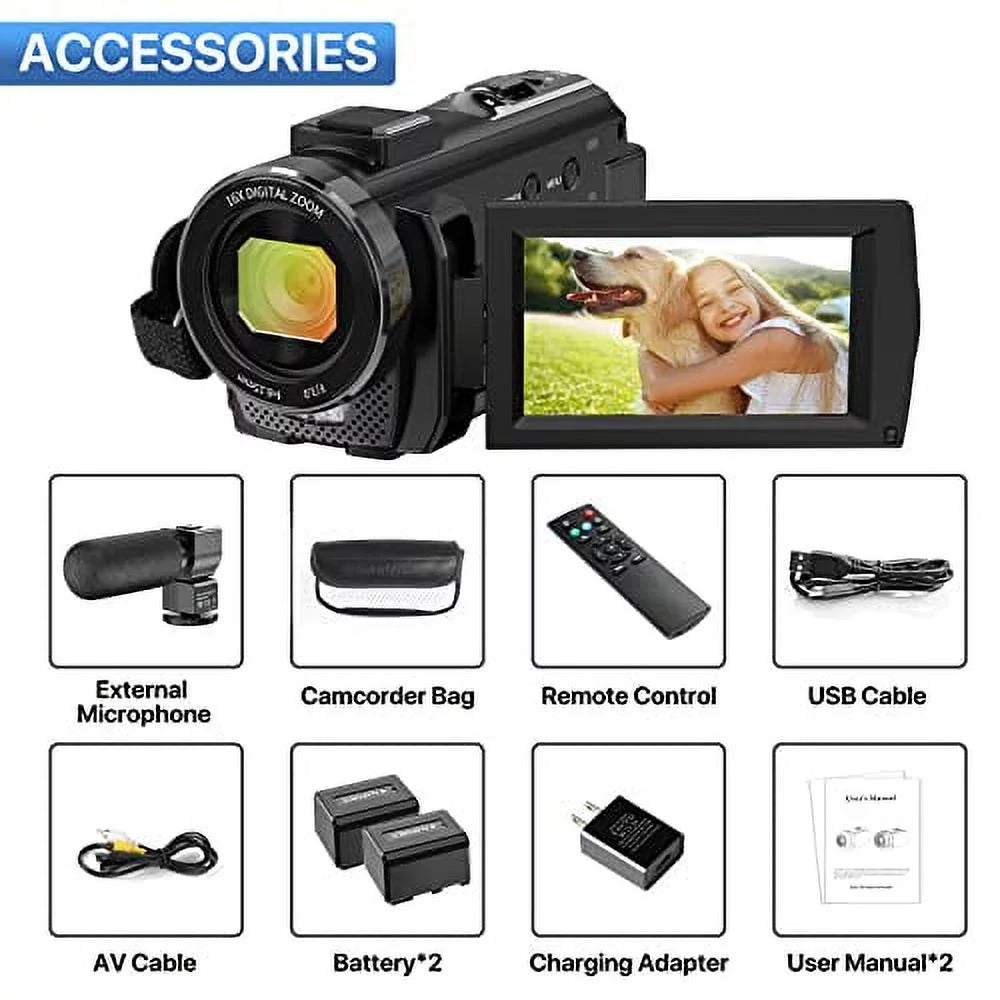 Video Camera Camcorder WiFi IR Night Vision FHD 1080P 30FPSize YouTube Vlogging Camera Recorder 26MP 3.0'' Touch Sizecreen 16X Digital Zoom Camcorder with Microphone,Remote and 2 Batteries