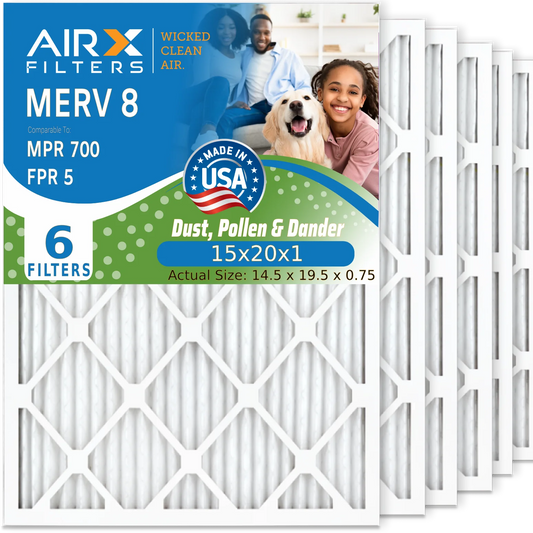 15x20x1 Air Filter MERV 8 Comparable to MPR 700 & FPR 5 Electrostatic Pleated Air Conditioner Filter 6 Pack HVAC AC Premium USizeA Made 15x20x1 Furnace Filters by AIRX FILTERSize WICKED CLEAN AIR.