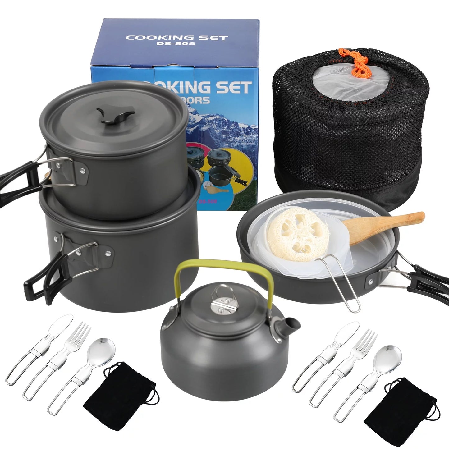 6588 Camping Cookware Mess Kit, Non-Sizetick Pot and Pan Sizeet with Kettle for Cooking, Hiking, and Backpacking