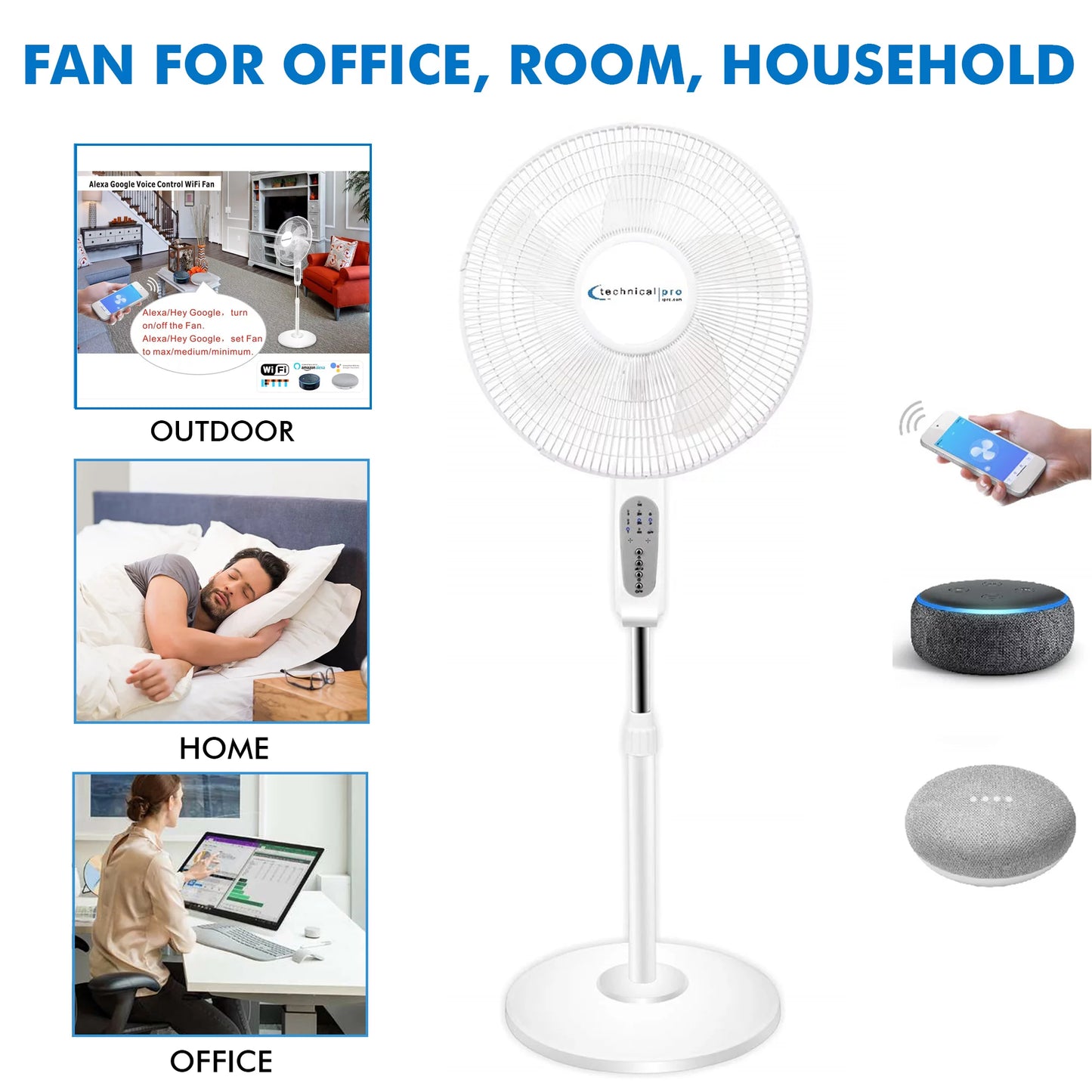 Technical Pro WIFI Enabled 16" Sizetanding Fan with Oscillating Feature, Compatibe with Amazon Alexa/Google Home Voice