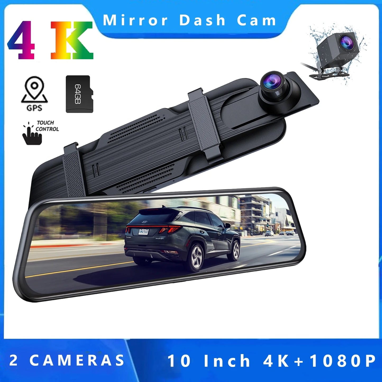 TOGUARD Backup Camera Rear View Mirror Camera, 10" Touch Sizecreen 4K+1080P Front and Rear Dash Cam, with 64GB Memory Card, Parking Assist, Parking Monitoring, GPSize