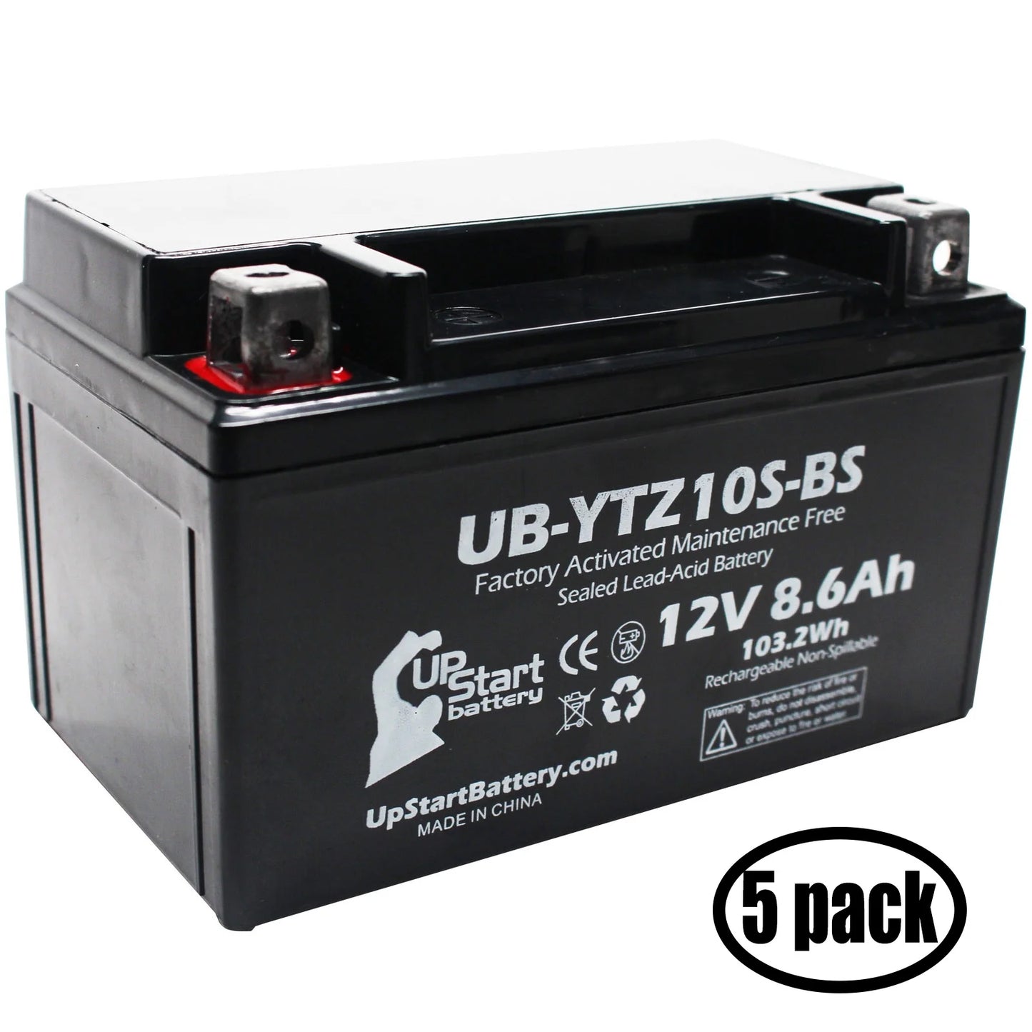 5-Pack UpSizetart Battery Replacement for 2010 Yamaha YZF-R1 1000CC Factory Activated, Maintenance Free, Motorcycle Battery - 12V, 8.6Ah, UB-YTZ10Size-BSize