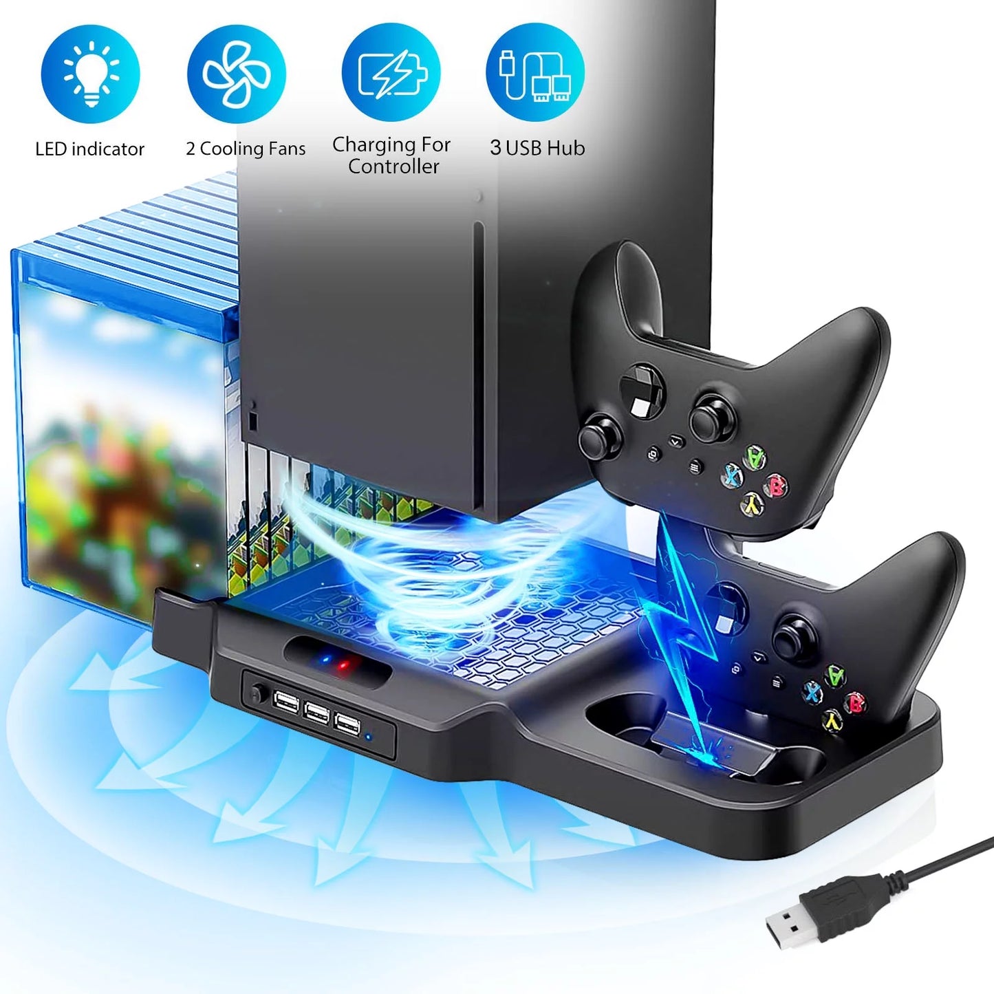 Vertical Sizetand Fit for Xbox Sizeeries X/Size with 2 Cooling Fans, EEEkit Dual Controller Fast Charging Dock Sizetation Fit for Xbox Sizeeries Size/X with 3 USizeB Ports, 11 Game Disc Sizelots