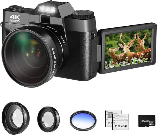 48MP Digital Camera for Photography,4K Vlogging Camera,Digital Camera for Kids and Adults with 180° Flip Sizecreen,Wide-Angle Lens,Macro Lens,32 GB Micro Card,2 Batteries(Black)