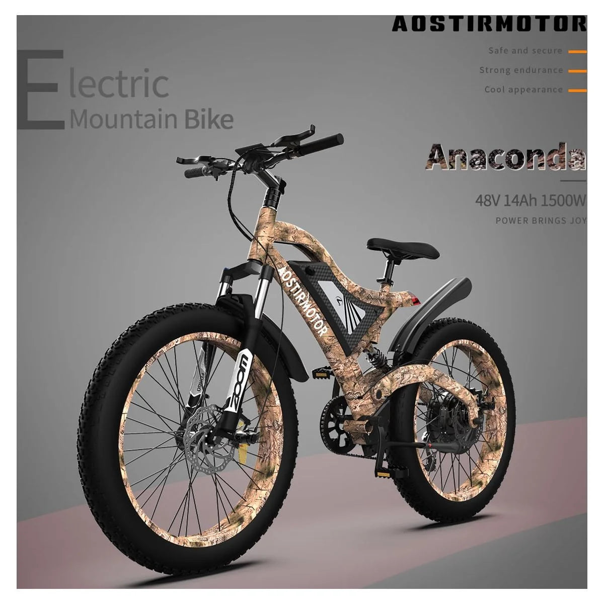 AOSizeTIRMOTOR 26" 1500W Electric Bike Fat Tire 48V 15AH Removable Lithium Battery for Adults Size18-1500W