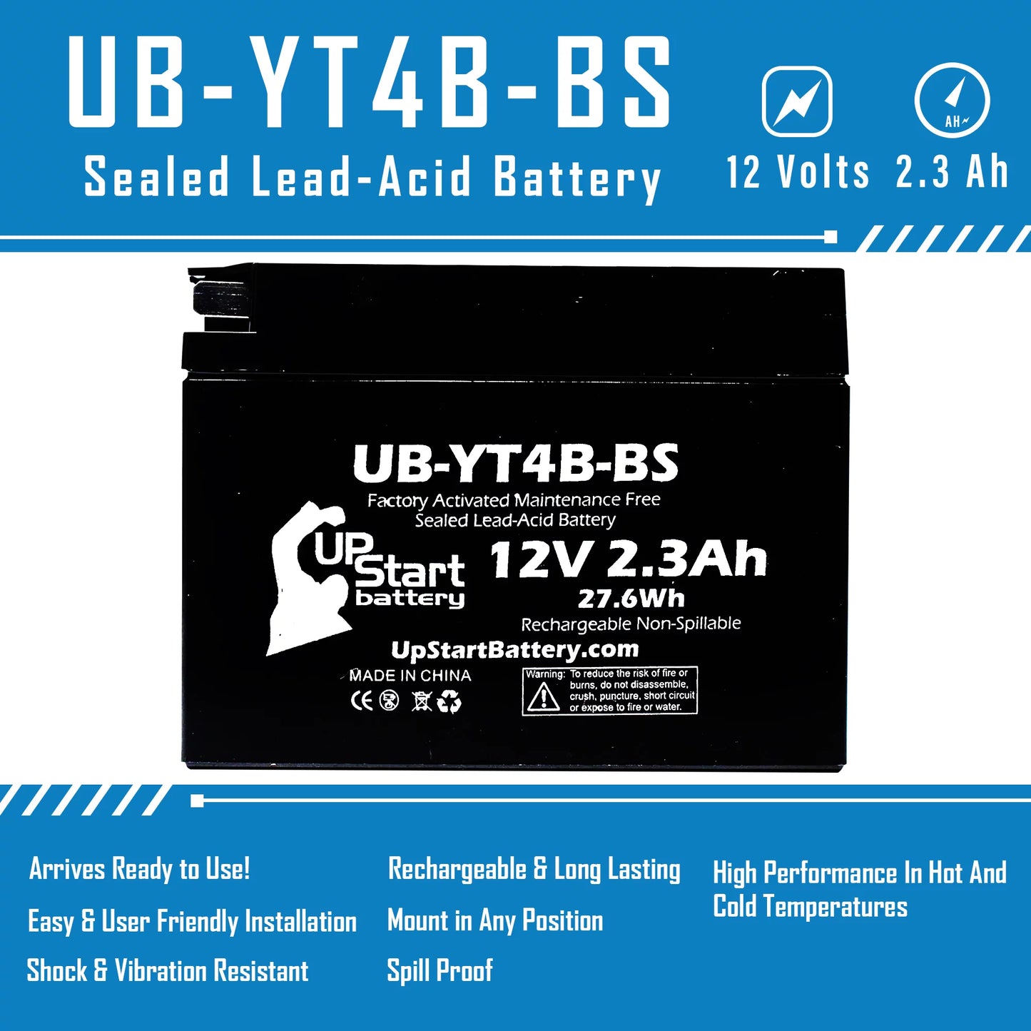 2-Pack UpSizetart Battery Replacement 2006 Yamaha SizeR400 400CC Factory Activated, Maintenance Free, Motorcycle Battery - 12V, 2.3Ah, UB-YT4B-BSize