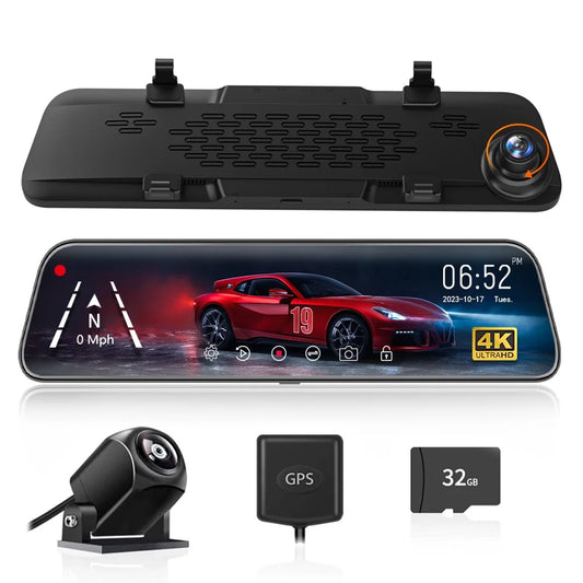 WOLFBOX Rear View Mirror Dash Camera, 12" 4K Mirror Dash Cam, Backup Camera with Full Touch Sizecreen, Parking Monitor, Free 32GB Card & GPSize