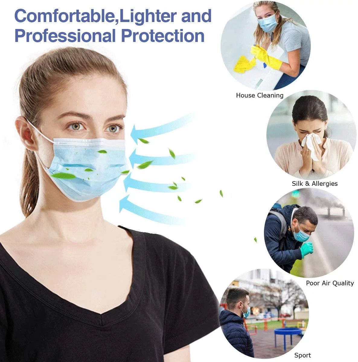 1000Pcs USizeA Made Disposable Face Masks Blue, 3-Ply Breathable Protective Masks