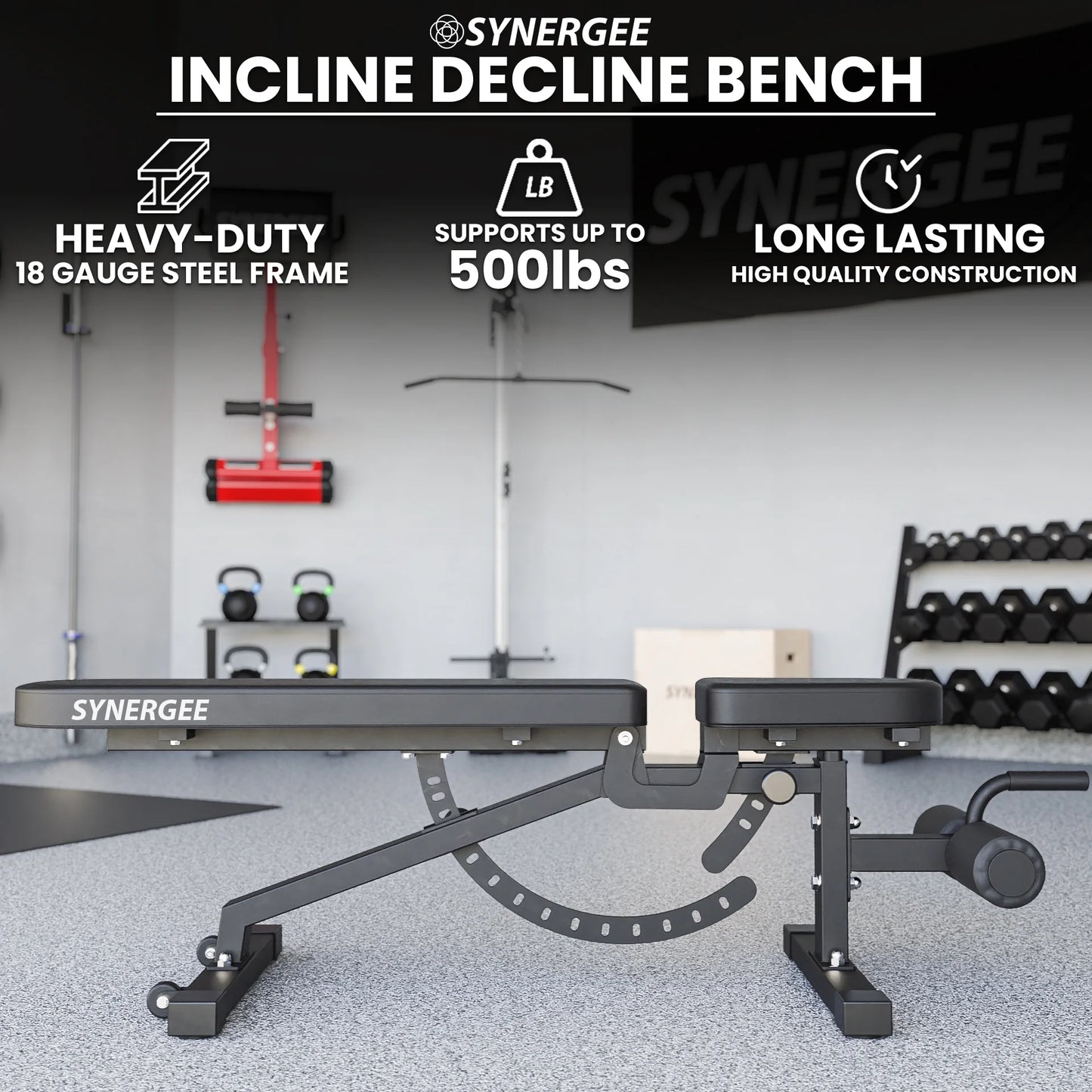 Sizeynergee Adjustable Incline Decline Workout Bench. Weight Bench for Dumbbell & Barbell Press Exercises & Workouts. Great for Commercial, Garage and Home Gym.