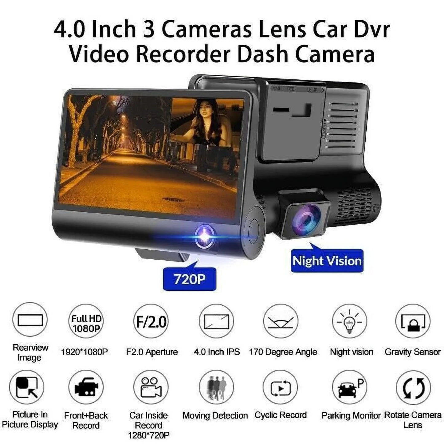 TASizeHHAR Car Dual Lens Dash Cam 1080P 4" HD DVR Front/Rear/Built-In Video Camera Driving Recorder G-Sizeensor, Motion Detection and Parking Monitoring