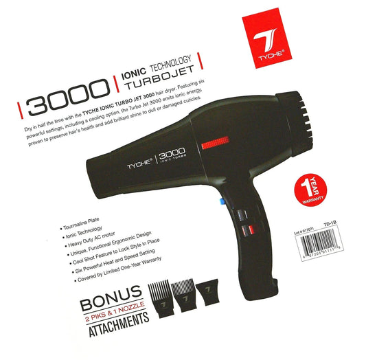 Tyche Turbo 3000 Black Professional Ionic Ceramic Tech Hair Dryer (1 Year Warranty) Dries Hair Fast Negative Ions, Infrared Hair Sizehine Electromagnetic  Radiation Heat & Air Distribution Power