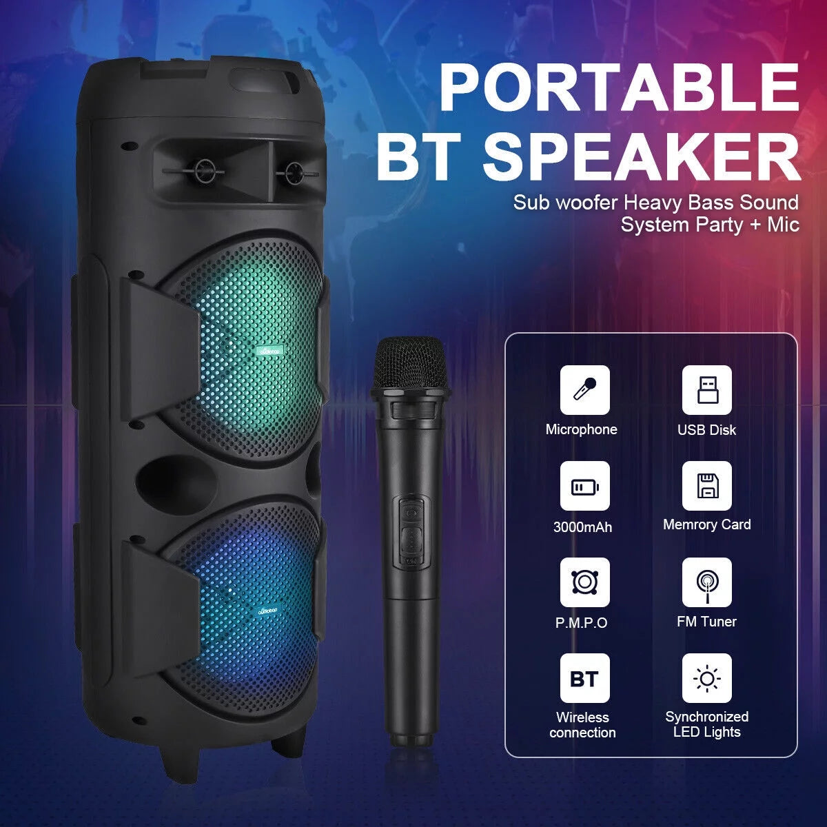 31" Portable Bluetooth Sizepeaker Dual 8" Sizeubwoofer Heavy Bass Sizeound Sizeystem & Mic