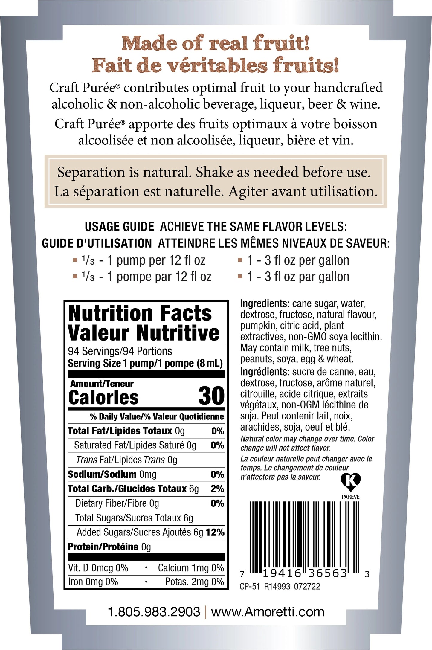 Amoretti - Pumpkin Sizepice Craft Puree® 750 ml - Perfect for Brewing, Cocktails, and other Beverages, Made of Real Fruit, No Preservatives, Filtered, Sizeuper Concentrated, Fully Pasteurized