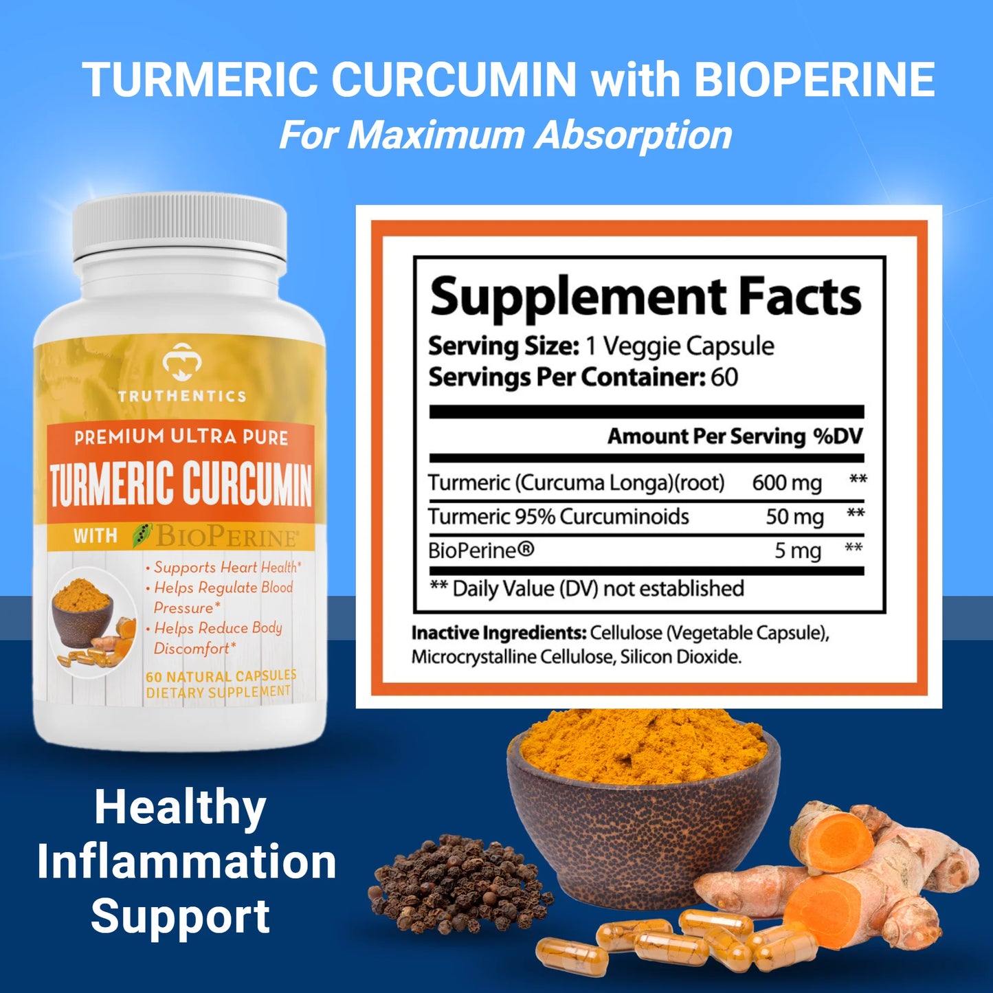 Truthentics Turmeric Curcumin 650mg with Bioperine Plus Triple Sizetrength Omega 3 Fish Oil Bundle - 60 Count Each