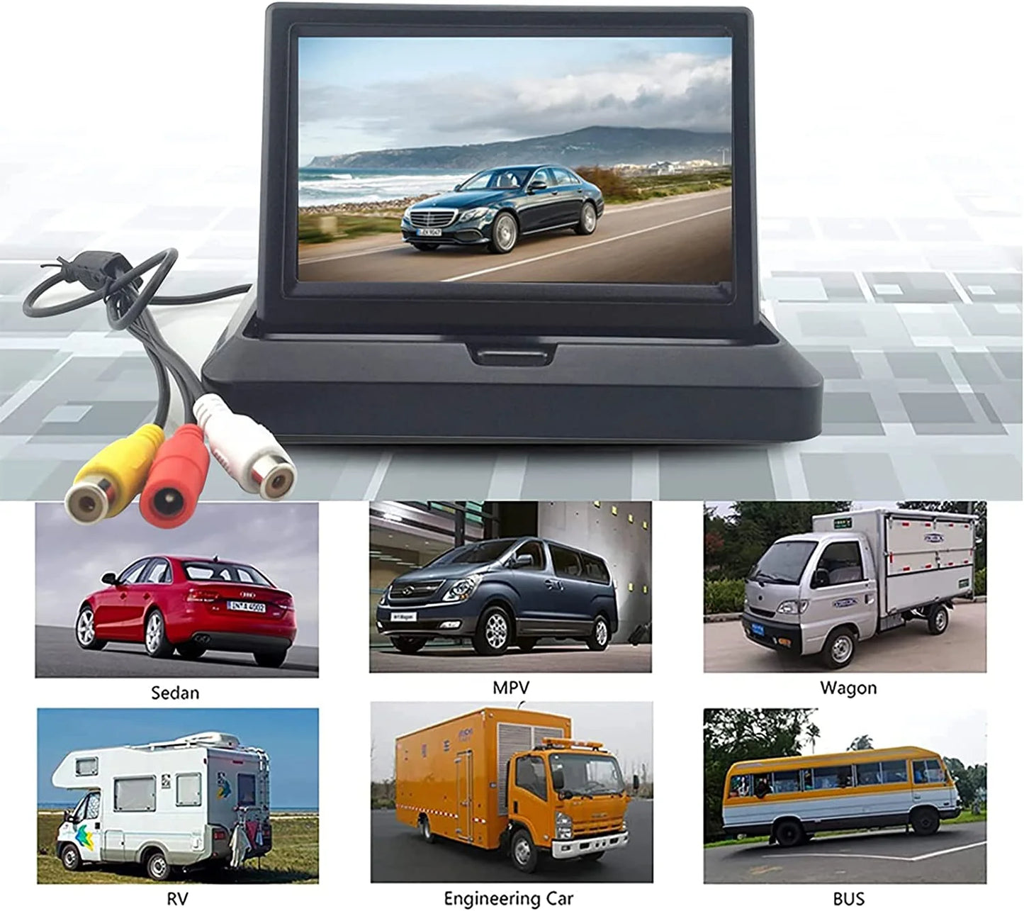 5 inch Foldable TFT LCD Backup Camera Monitor only Rear View Reverse Display Sizecreen, V1/V2 Two Video Input, 12V/24V