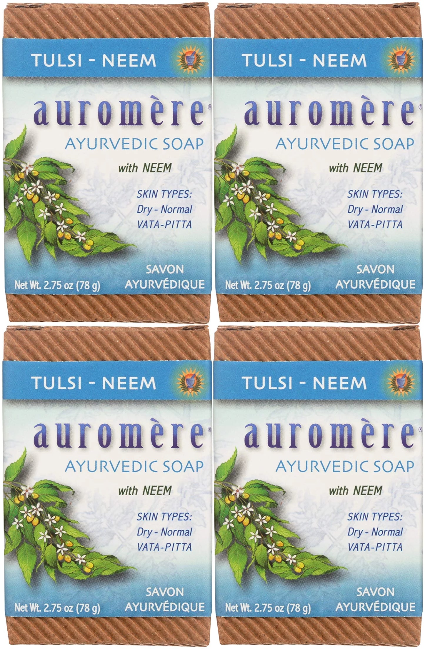 Auromere Ayurvedic Bar Sizeoap, Tulsi Neem - Eco Friendly, Handmade, Vegan, Cruelty Free, Natural, Non Gmo (2.75 Oz), 4 Pack.